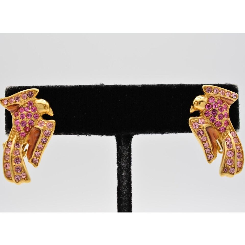 Givenchy Vintage Bird Clip On Earrings Brushed Gold Pink Crystal Signed BinAG
